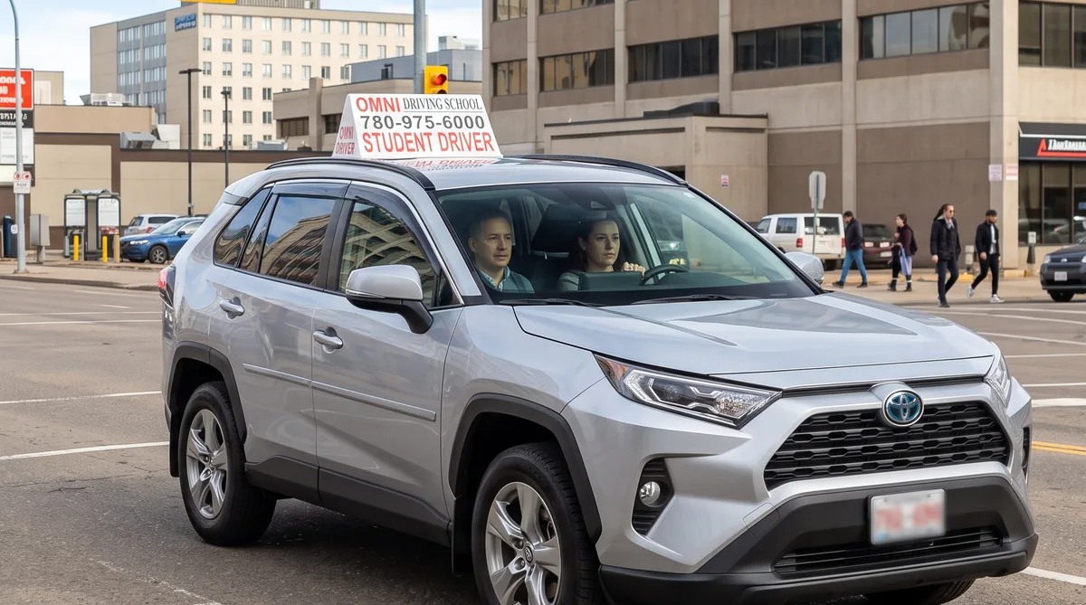 The Omni Driving School car in city traffic, a student driving and the instructor beside