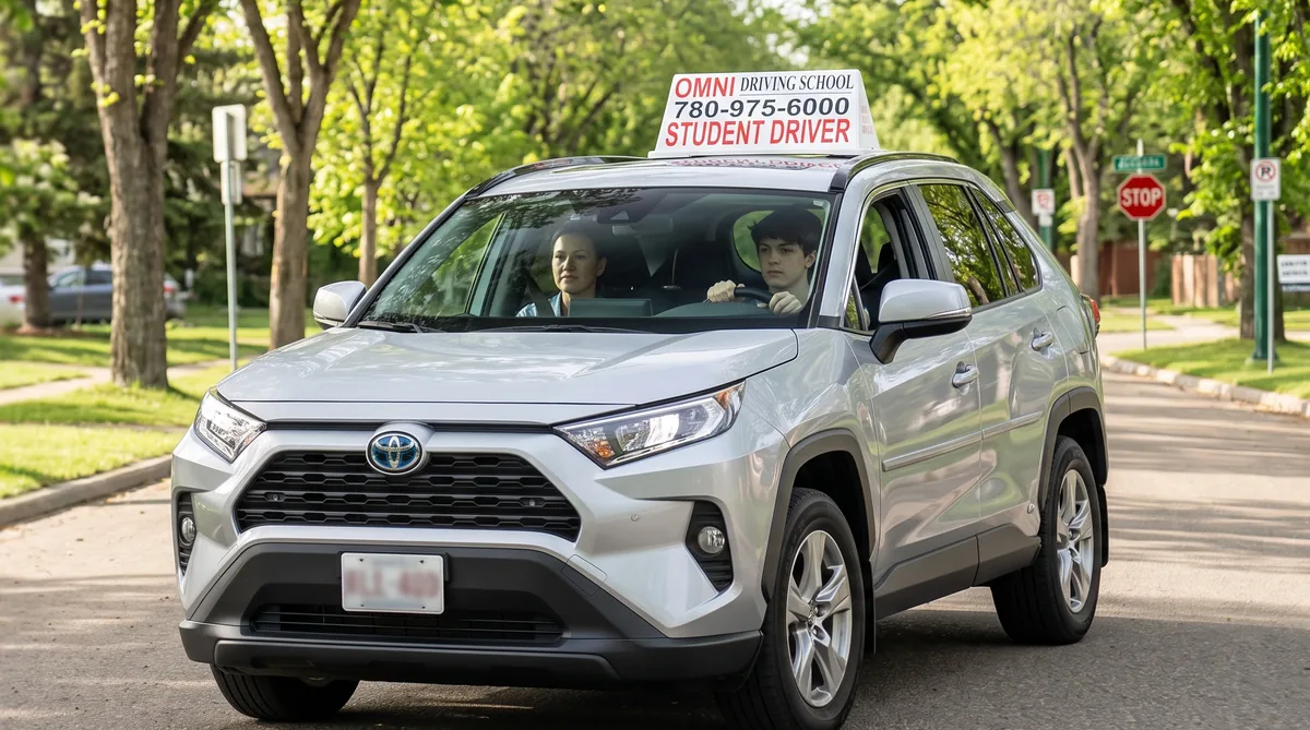 A student at the wheel of the Omni Driving School car on a leafy street, the instructor beside