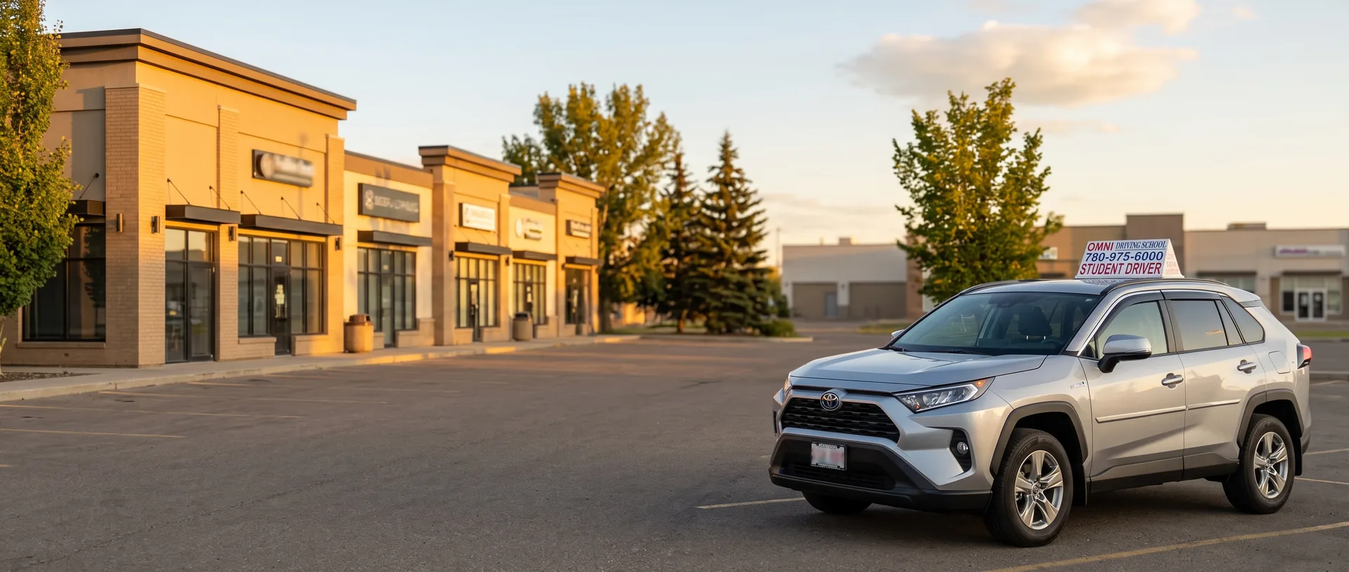 The Omni Driving School car in a parking lot in front of a row of shops at sunset