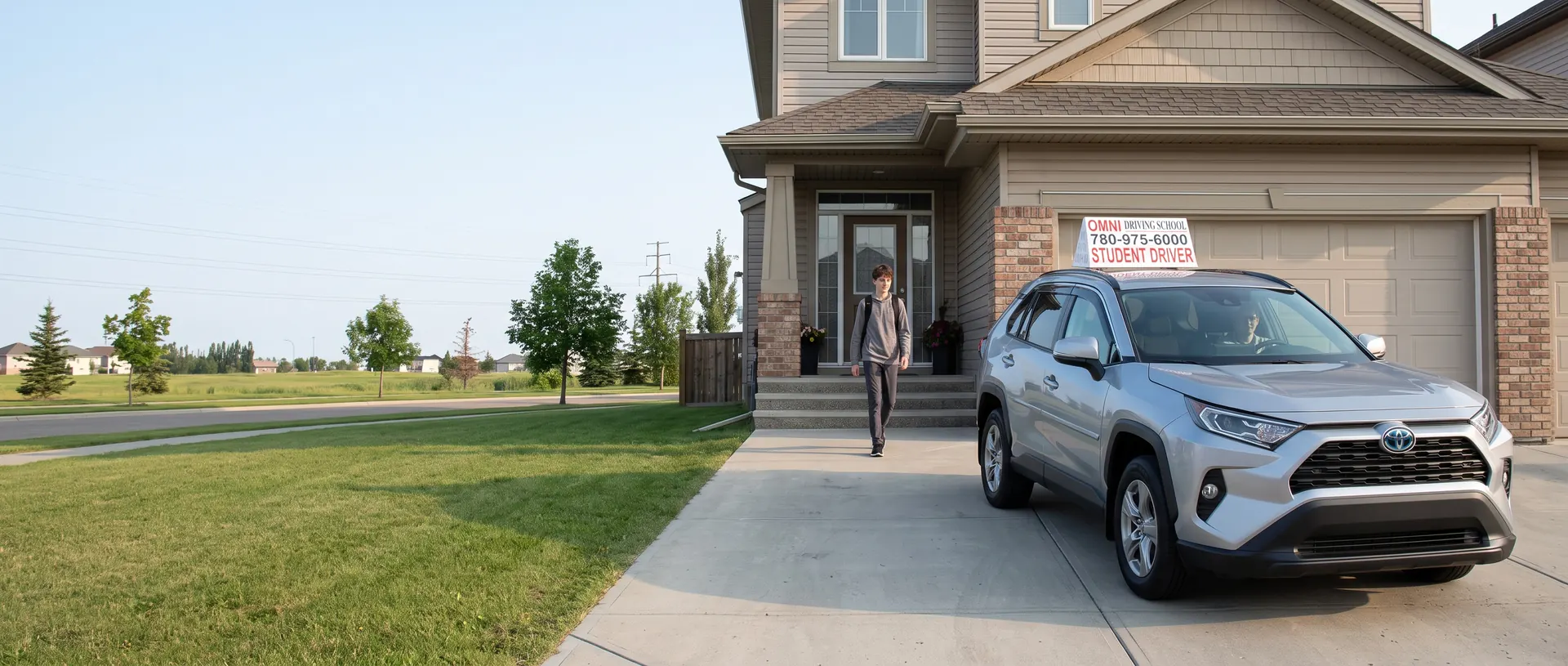 A student walks from his front door to the Omni Driving School car waiting in the driveway