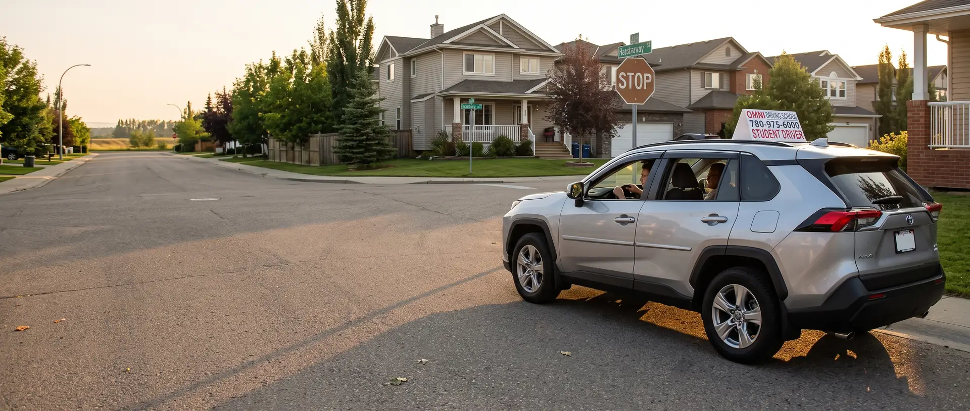 The Omni Driving School car at a stop sign in a quiet neighbourhood in the evening sun