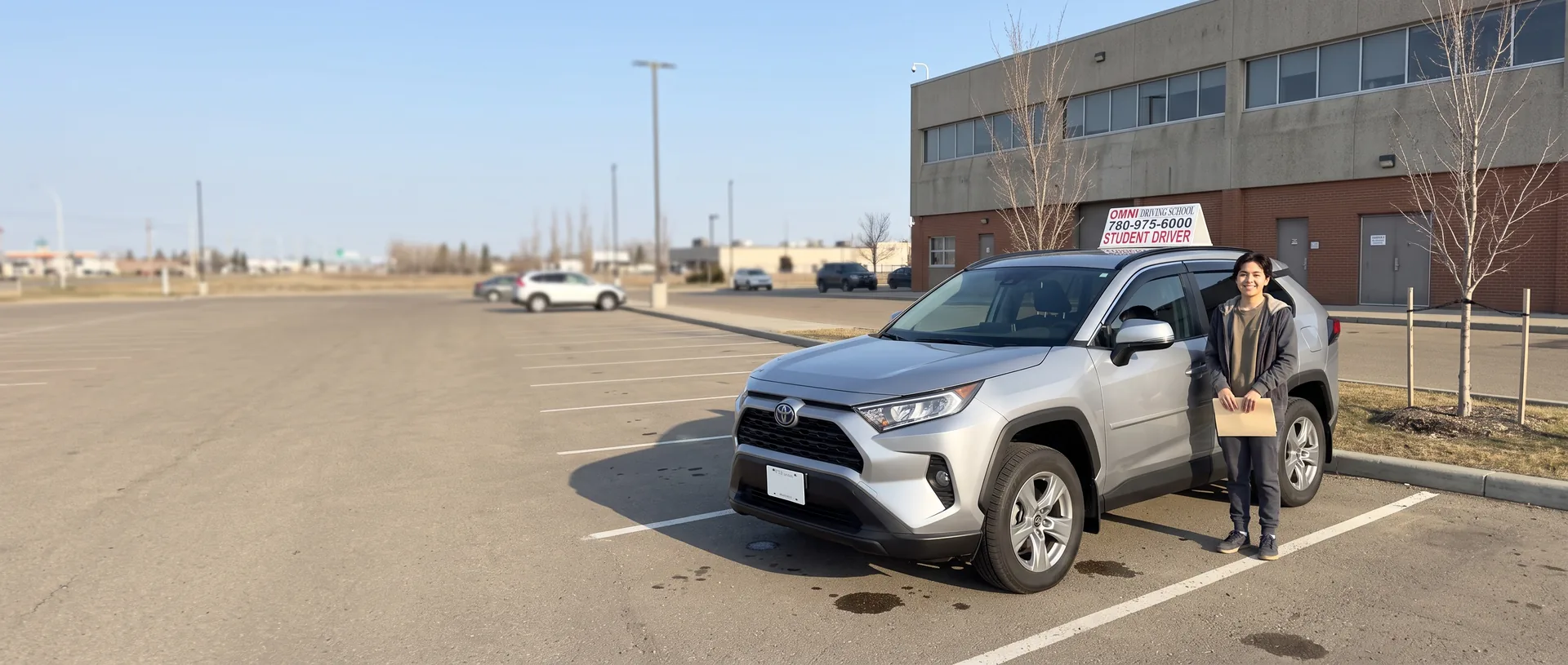 A smiling student holds papers next to the Omni Driving School car in a parking lot