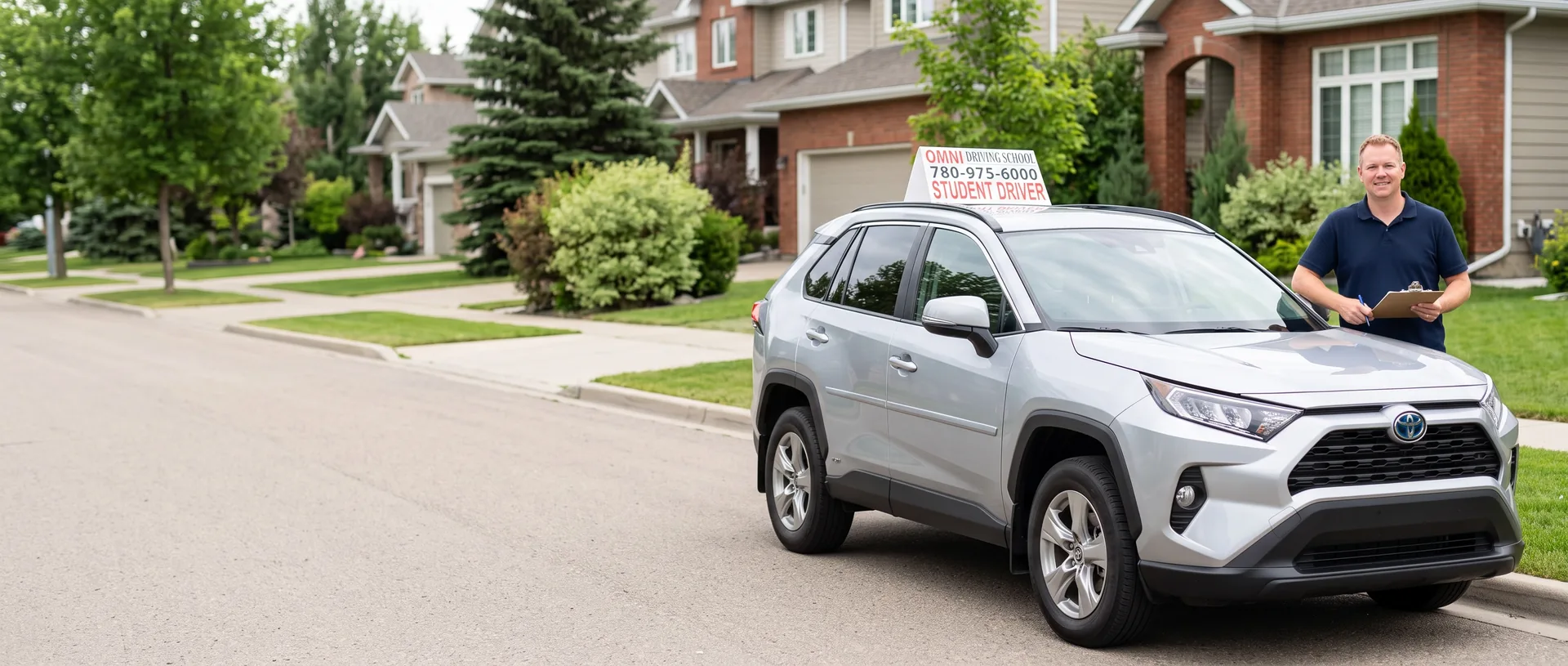 An instructor with a clipboard stands beside the Omni Driving School car on a street of homes