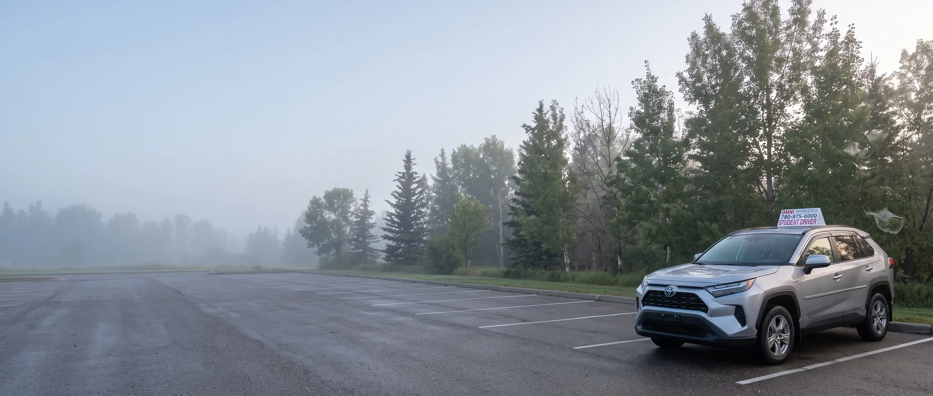 The Omni Driving School car parked at the edge of a large lot by tall trees in morning fog