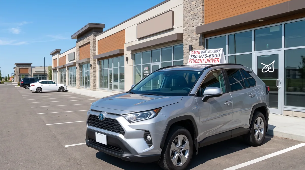 The Omni Driving School car parked in front of a row of shops, its roof sign showing the phone number