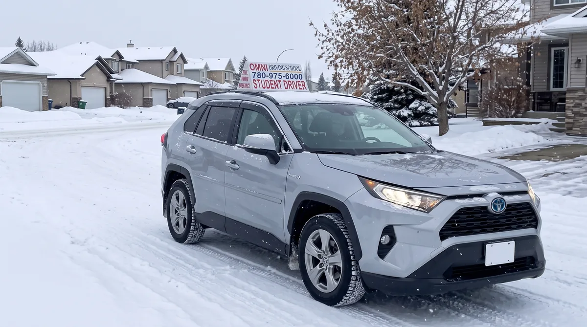 The Omni Driving School car on a snow covered street in winter